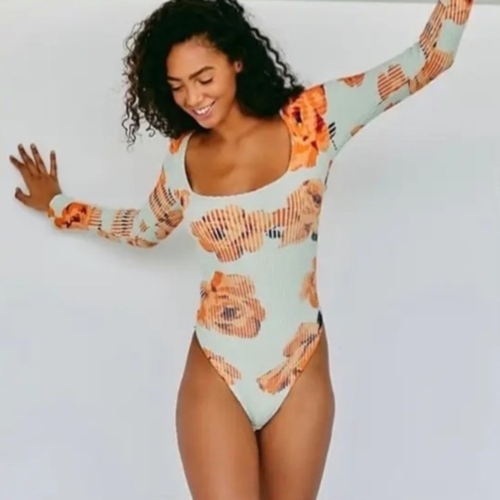 Free People Intimately Floral Ribbed Long Sleeve Bodysuit Sage Green Orange Sz S